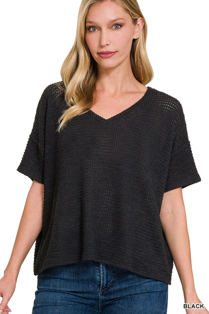 WOMENS DROP SHOULDER SHORT SLEEVE JACQUARD SWEATER