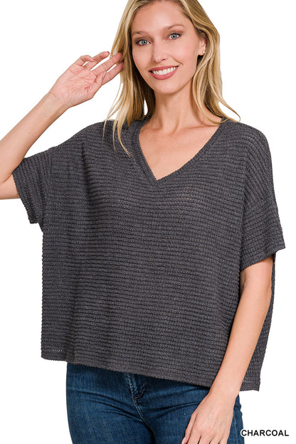 WOMENS DROP SHOULDER SHORT SLEEVE JACQUARD SWEATER