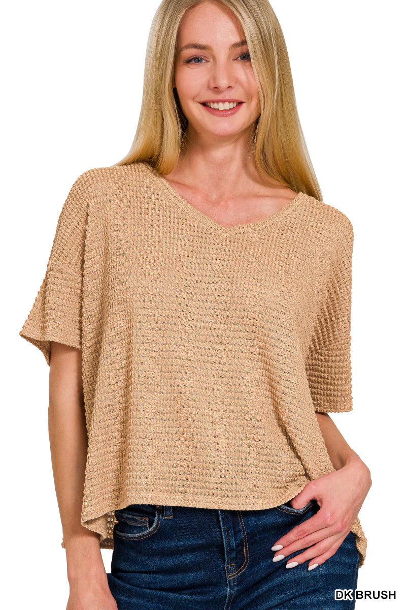 WOMENS DROP SHOULDER SHORT SLEEVE JACQUARD SWEATER