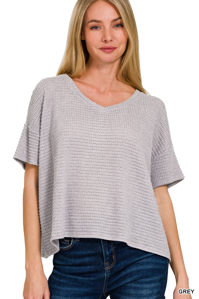 WOMENS DROP SHOULDER SHORT SLEEVE JACQUARD SWEATER