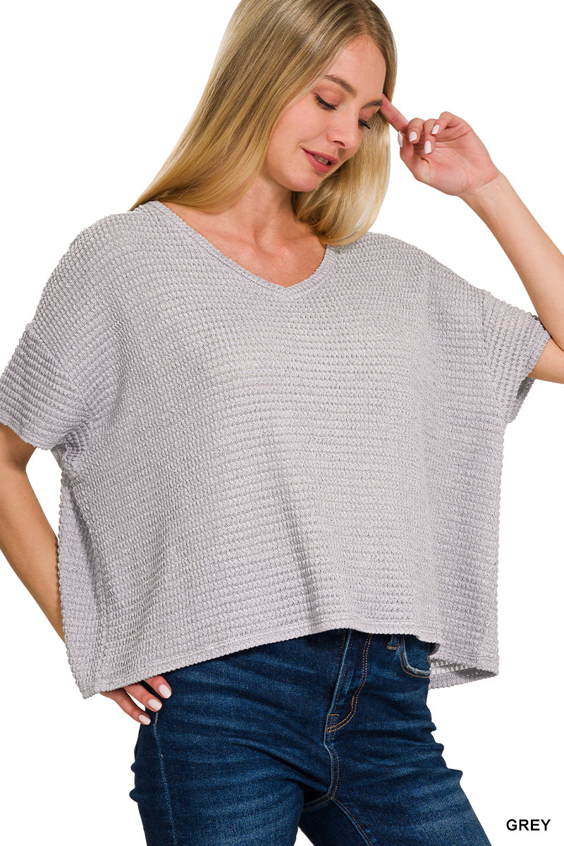 WOMENS DROP SHOULDER SHORT SLEEVE JACQUARD SWEATER