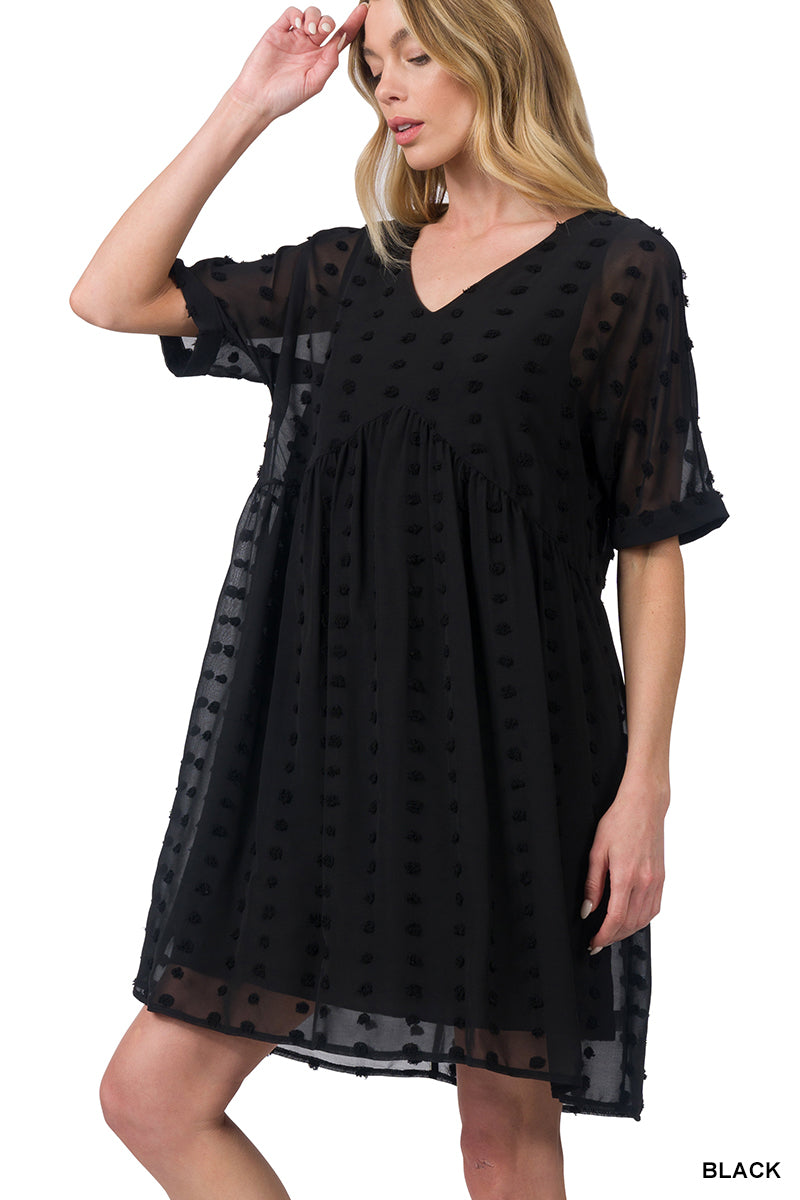 WOMENS SWISS DOT BABYDOLL V-NECK DRESS