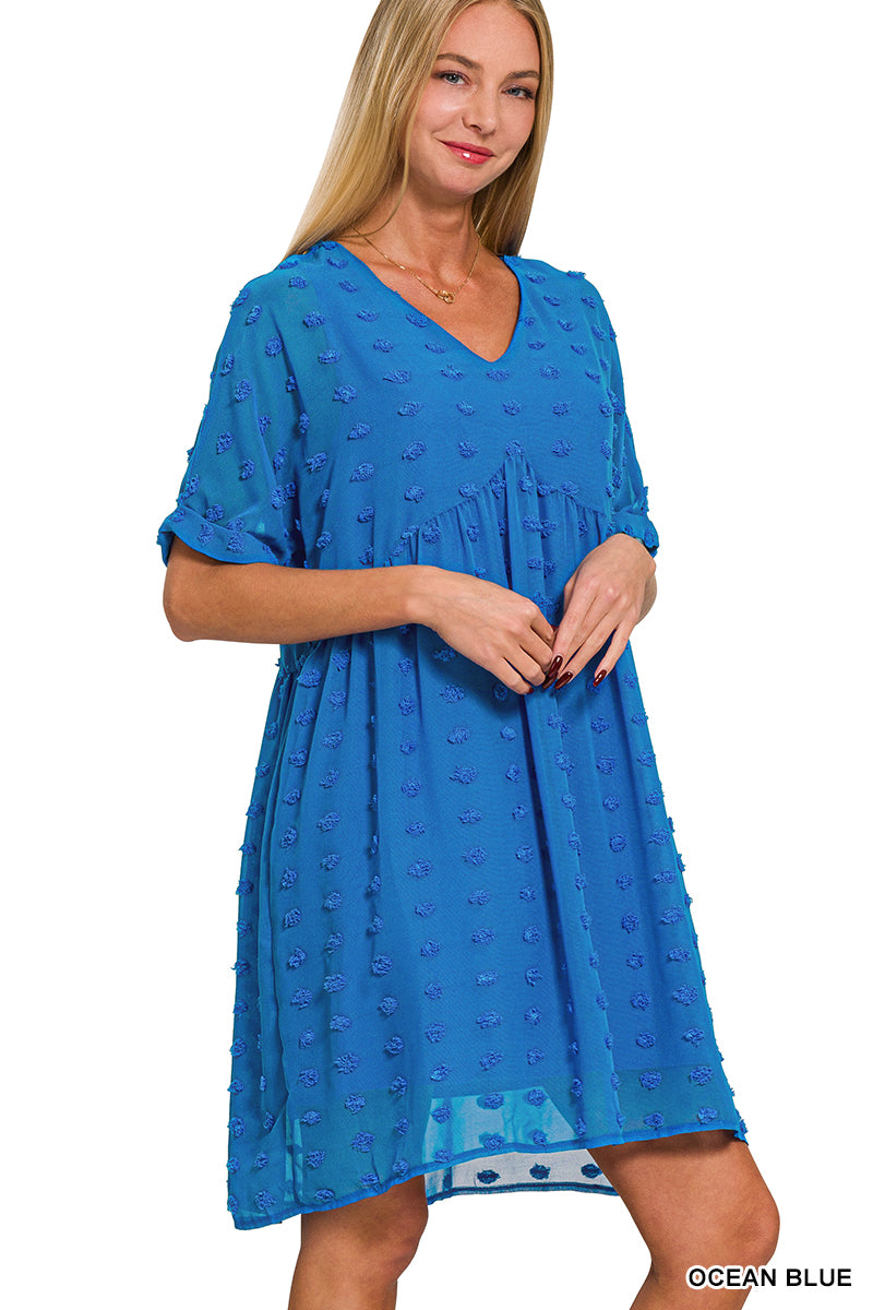 WOMENS SWISS DOT BABYDOLL V-NECK DRESS