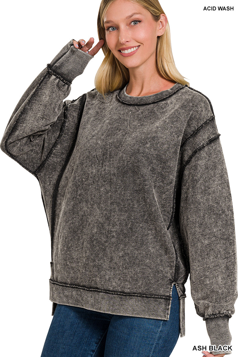 Womens Acid Wash French Terry Exposed-Seam Sweatshirt