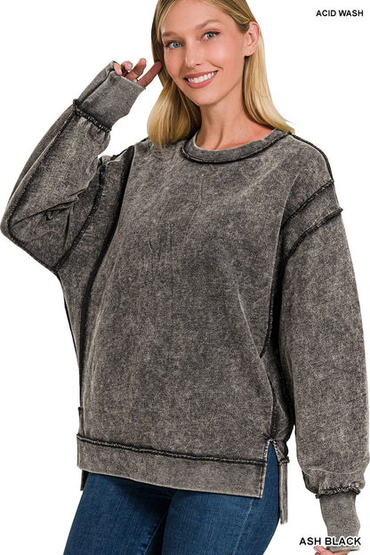 Womens Acid Wash French Terry Exposed-Seam Sweatshirt