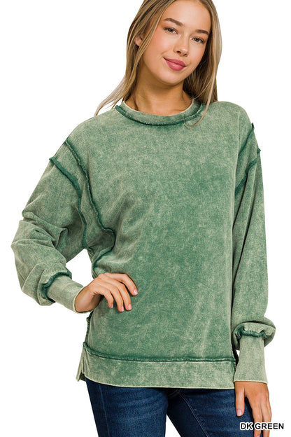 Womens Acid Wash French Terry Exposed-Seam Sweatshirt