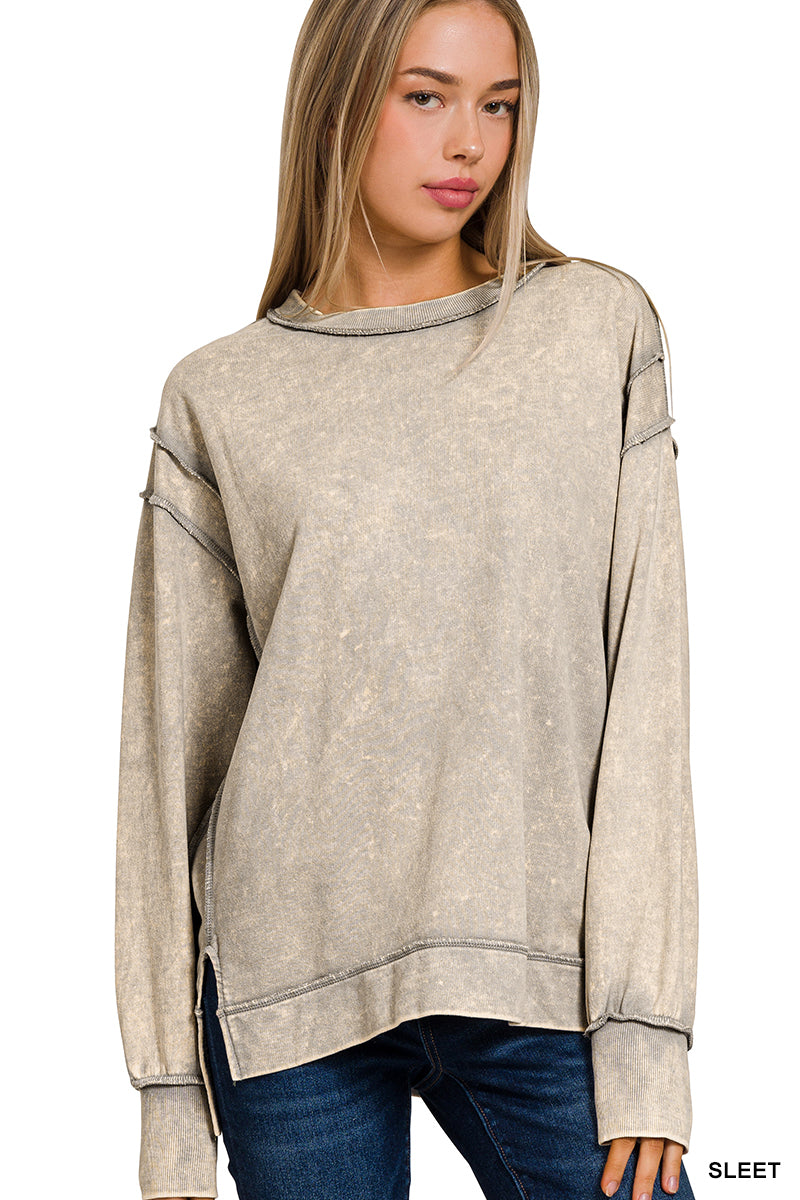 Womens Acid Wash French Terry Exposed-Seam Sweatshirt